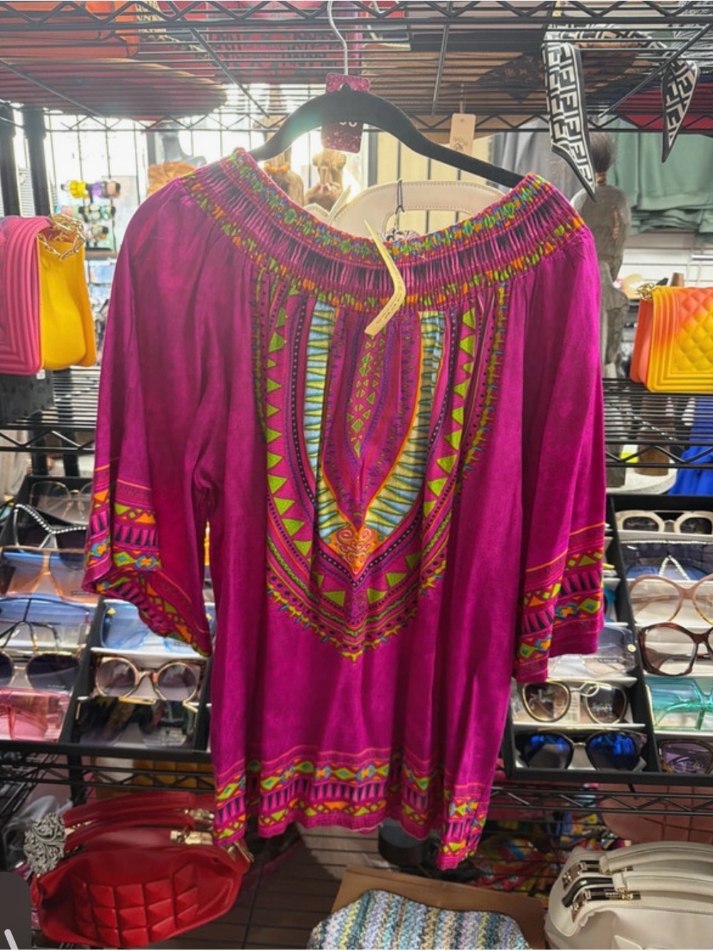 Women's Magenta Off-Shoulder Boho Tunic with Multicolor Tribal Print